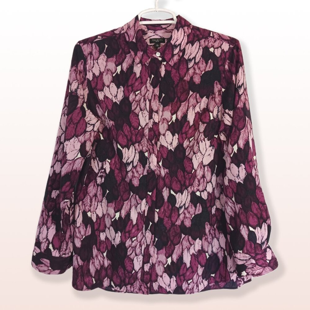 Talbots Purple Pink Leaf Button Down Tab Tie Sleeve Blouse Size Mp